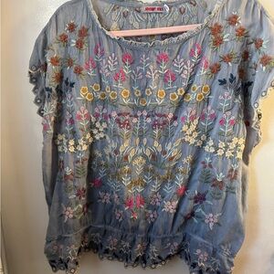 Johnny Was Embroidered Floral Blue Top